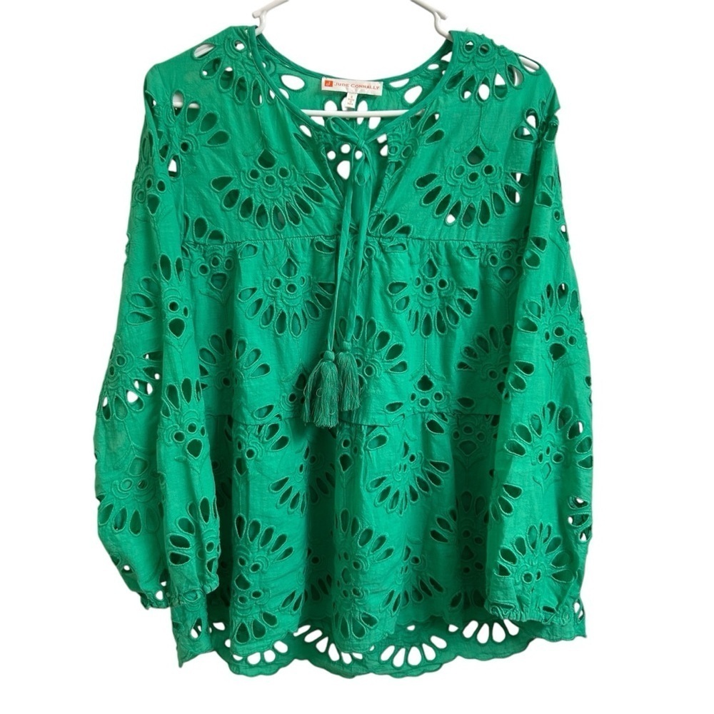 Jude Connally Womens Size S Green Eyelet Crochet Lace 3/4 Sleeve Top Tassel Tie